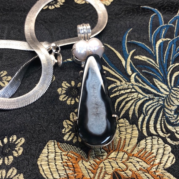 Jewelry - Botswana Agate & Biwa Pearl Pendant